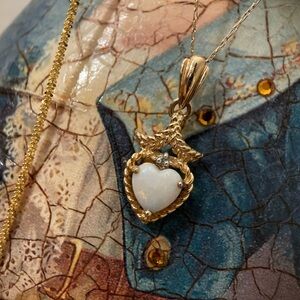 Art nouveau 10k solid gold heart opal diamond twisted wheat rope design necklace